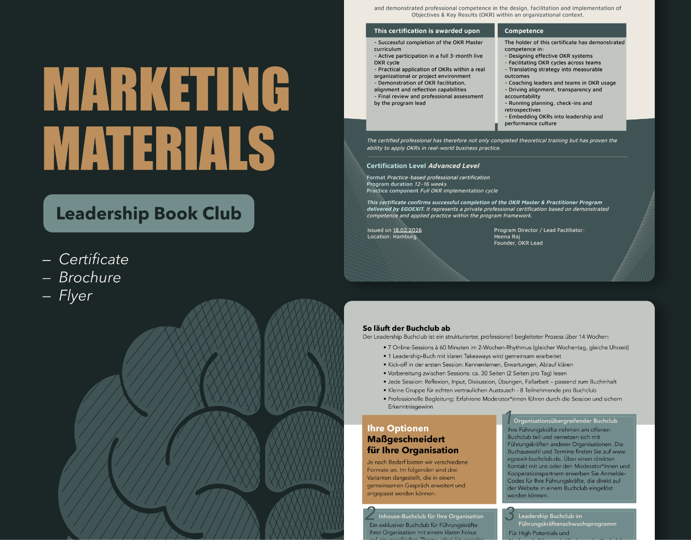 Marketingmaterialien: Flyer, Zertifikatsvorlage und Broschüre zur Führungskräfteentwicklung
