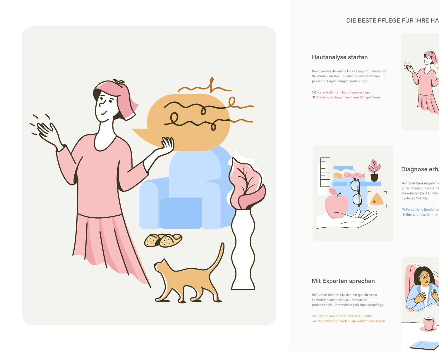 Individuelle Illustrationen für eine Healthcare-Website, die Nutzer durch zentrale Schritte führen: Hautanalyse, Diagnose und Expertenberatung.