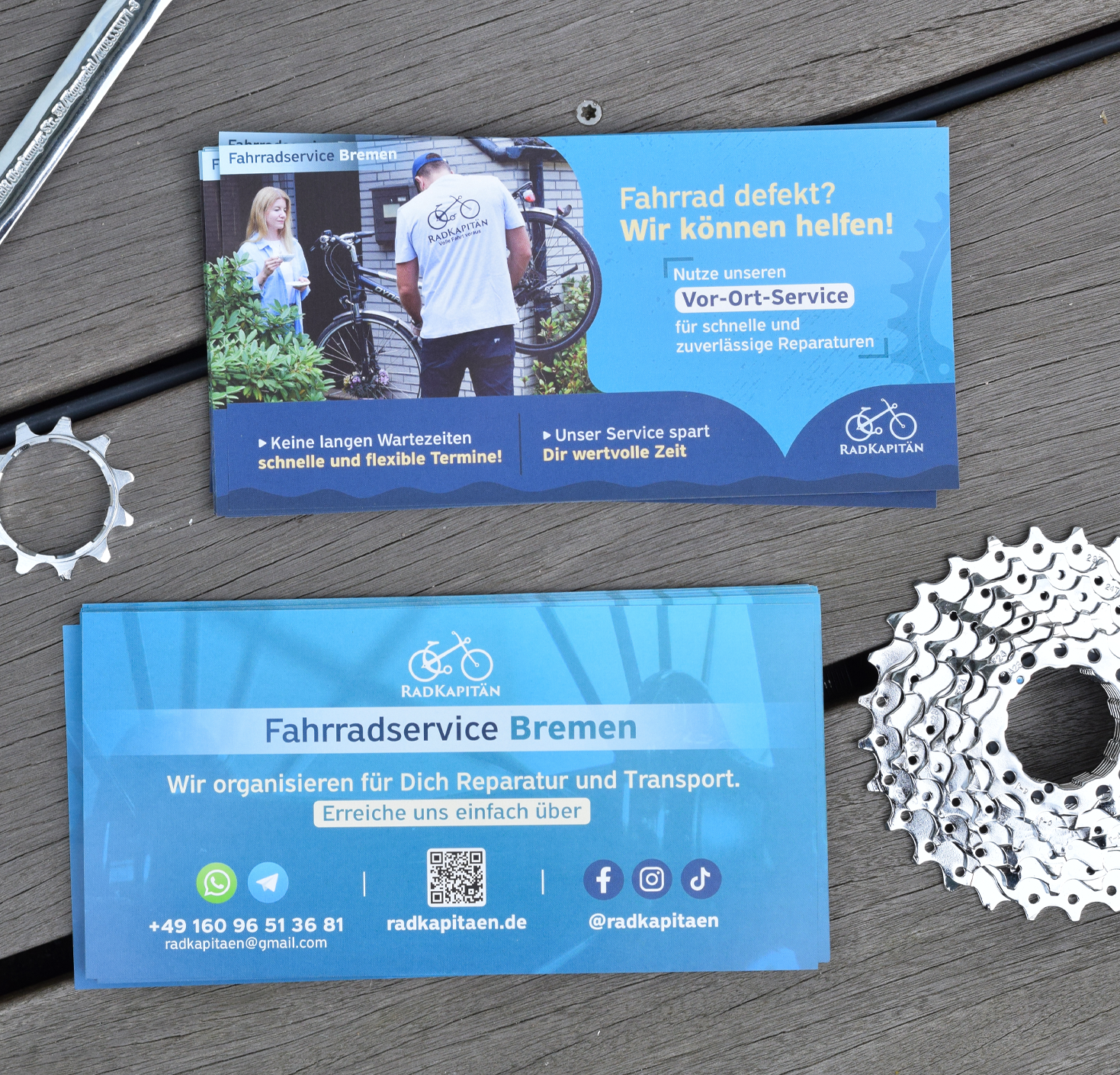 Design of flyer and business card layouts for a bicycle service
 image