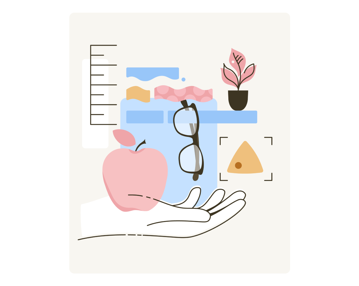 Healthcare-Illustration für Diagnose und personalisierte Empfehlungen, die Hautanalyse und individuelle Behandlungsempfehlungen zeigt.