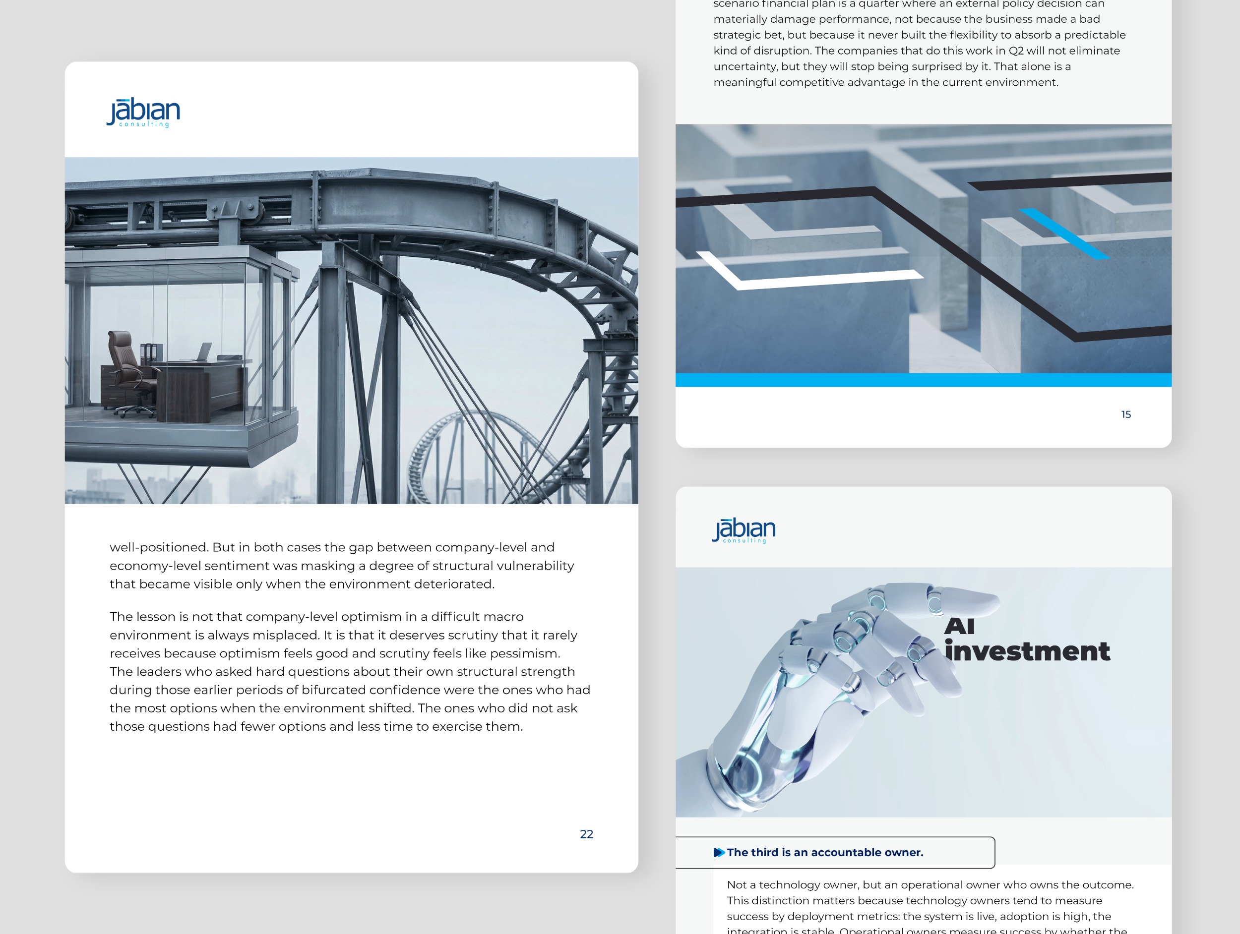 Professionelles Report-Layout für Consulting-Unternehmen mit individuellen Icons, Infografik-Elementen, farbkorrigierten Bildern und KI-generierten Konzeptvisuals.
