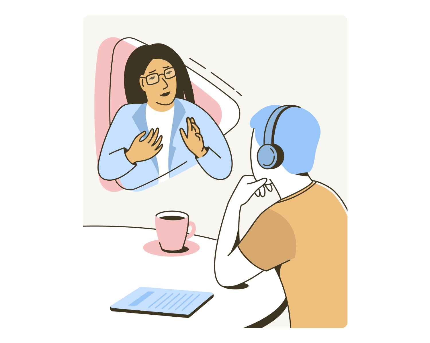 Healthcare-Illustration, die eine Online-Arztkonsultation zeigt, gestaltet für Telemedizin und die User Journey einer digitalen Healthcare-Landingpage.