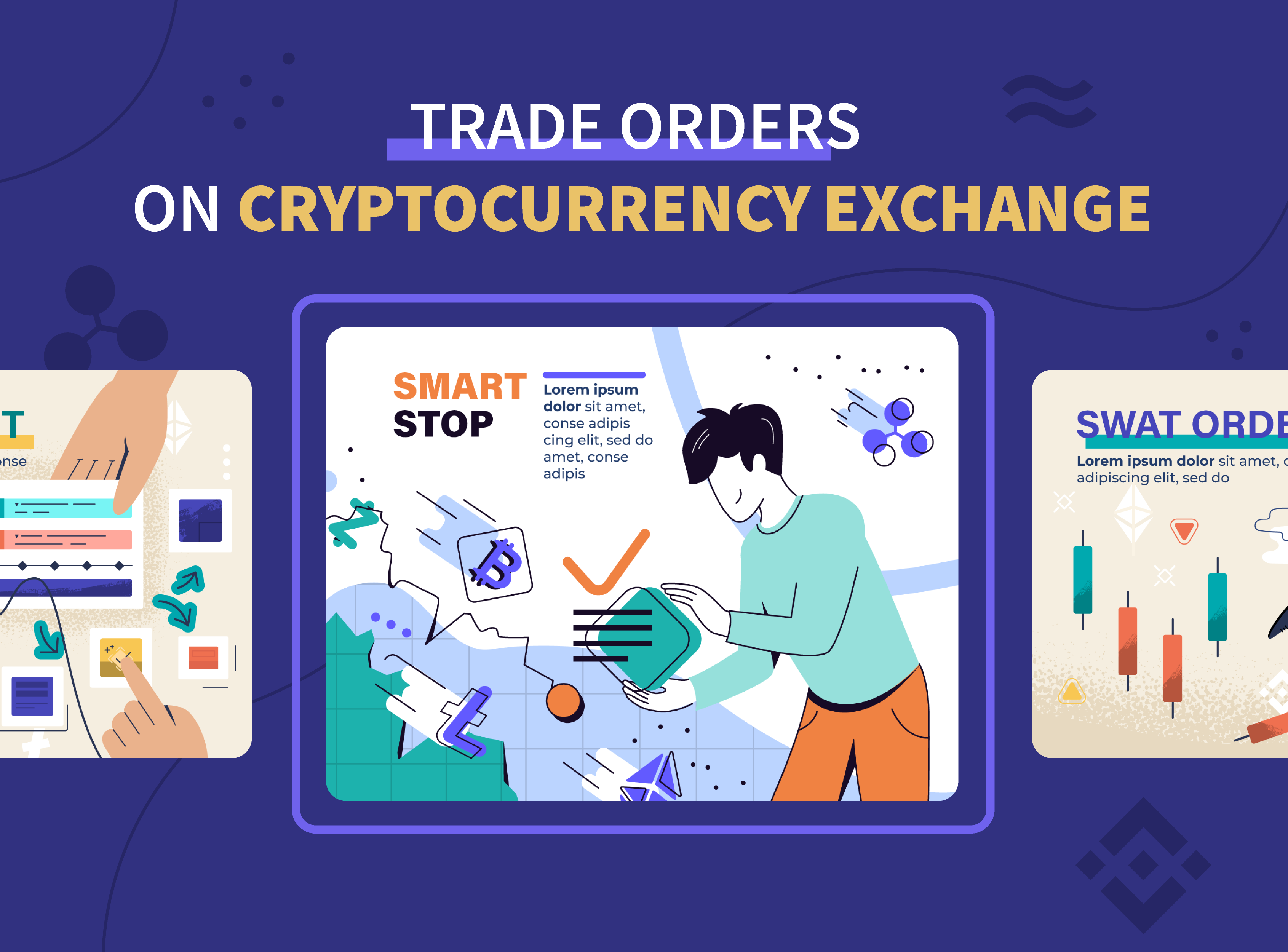 Vector illustrations of types of trade orders on cryptocurrency exchange
 image